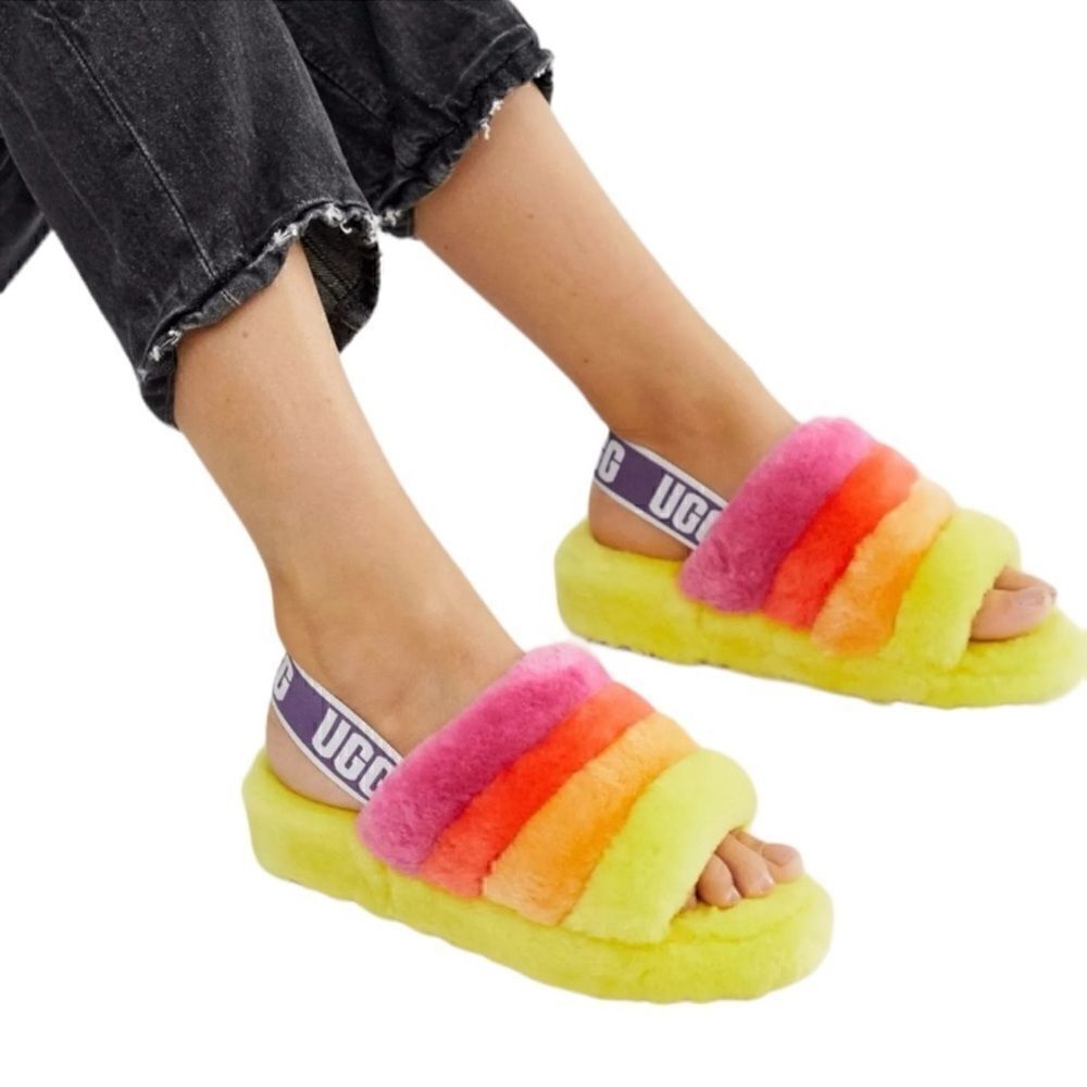 UGG FLUFF YEAH SLIDE Rainbow Pride Slipper Size 7